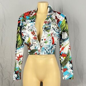 Nikos Apostolopoulos Greek Tattoo Print Jacket Womens M Cropped Zip Up Y2K